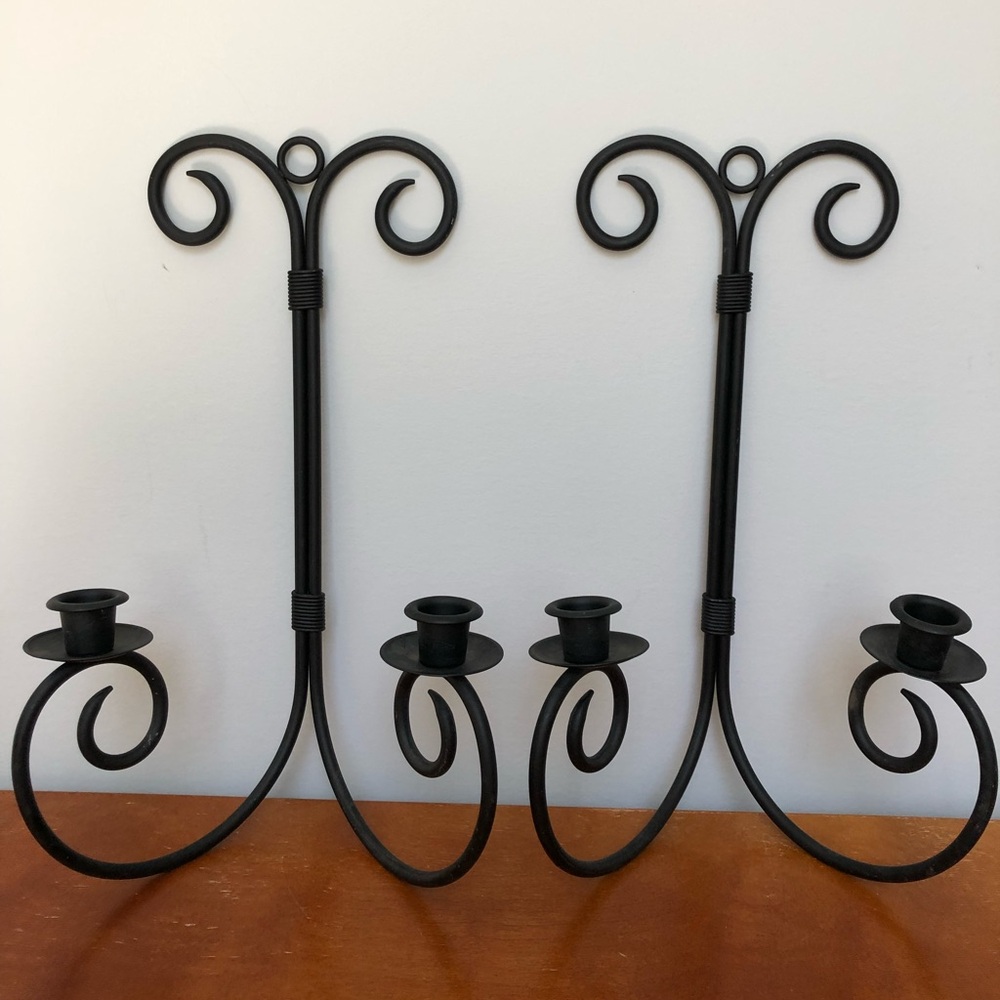 Vintage Scrolled Black Metal Rustic Candle Sconce Set